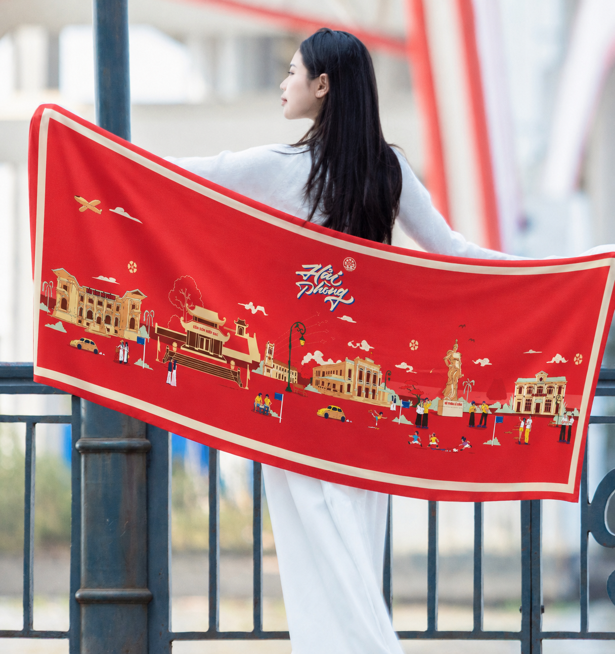 Khăn lụa Hải Phòng 1 lớp đỏ in logo 70x180cm - KD719DD1L